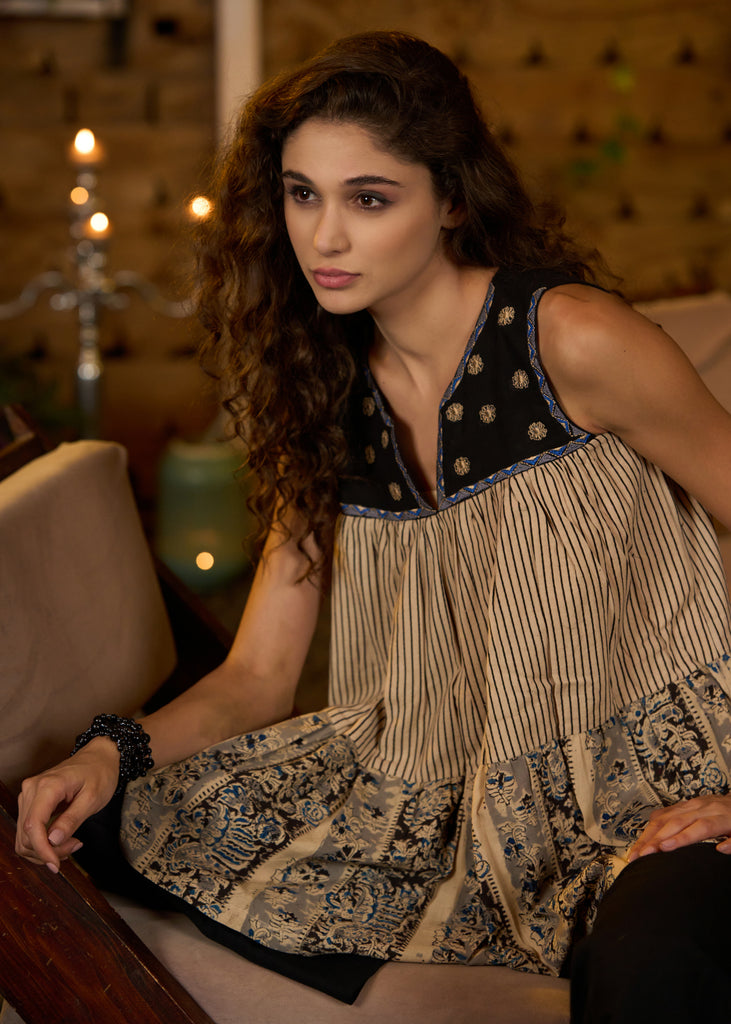 Sleeveless tiered top with embroidered yoke-Pant optional