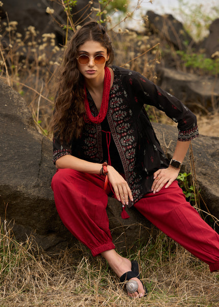 Block printed boho top with front tie-ups - Pant optional