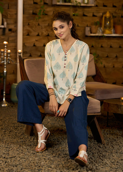 Off-white block printed top with side panels - Pant optional