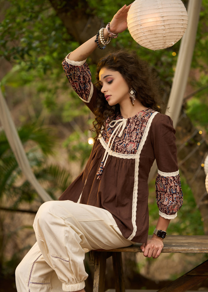 Brown kalamkari top with beautiful lacework - Pant Optional