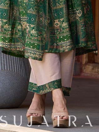 Beige Cotton silk straight pants with printed bottle green border