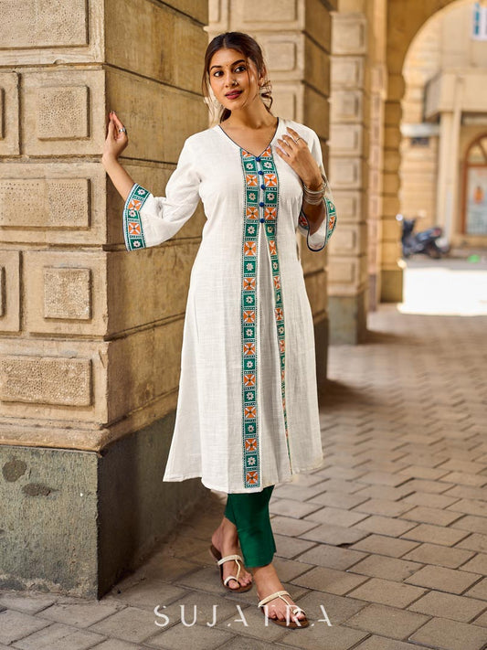 Timeless White Cotton Kurta with Hand Painted Madhubani Motifs on Front & Sleeves