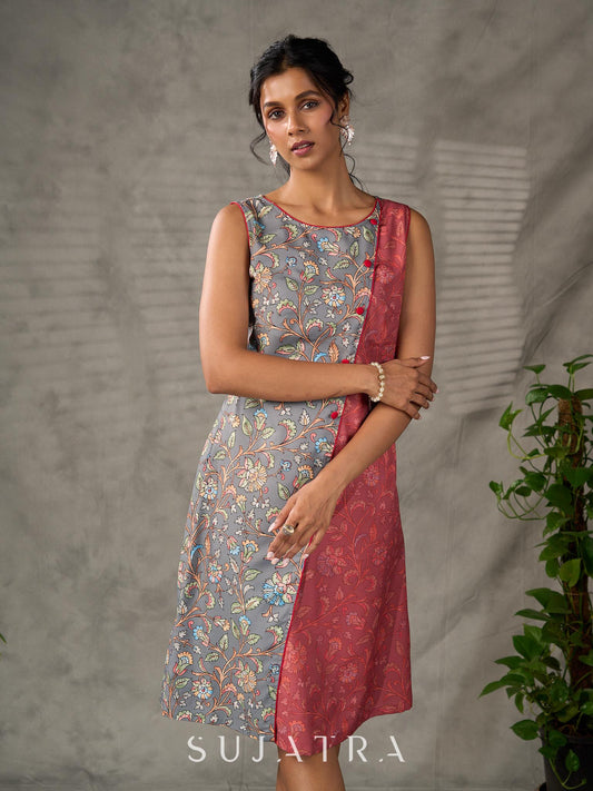Grey and Rust Kalamkari inspired floral vine printed overlap dress with red accents