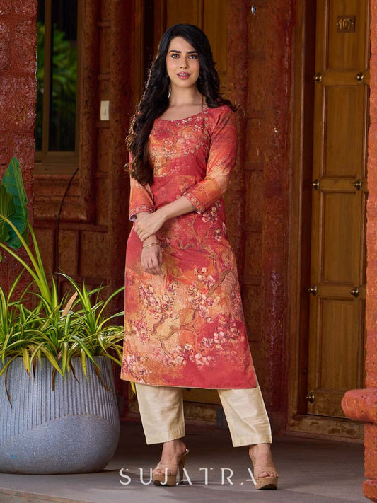 Amber crimson blossom printed kurta with golden pearl handwork on the yoke and dainty tie-up neck details.