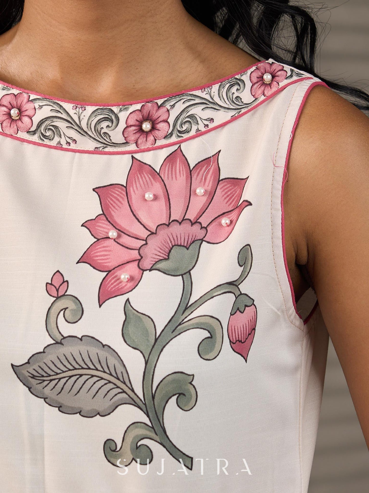 Ivory Floral Pearl Detail Printed Dress with blush pink flowers