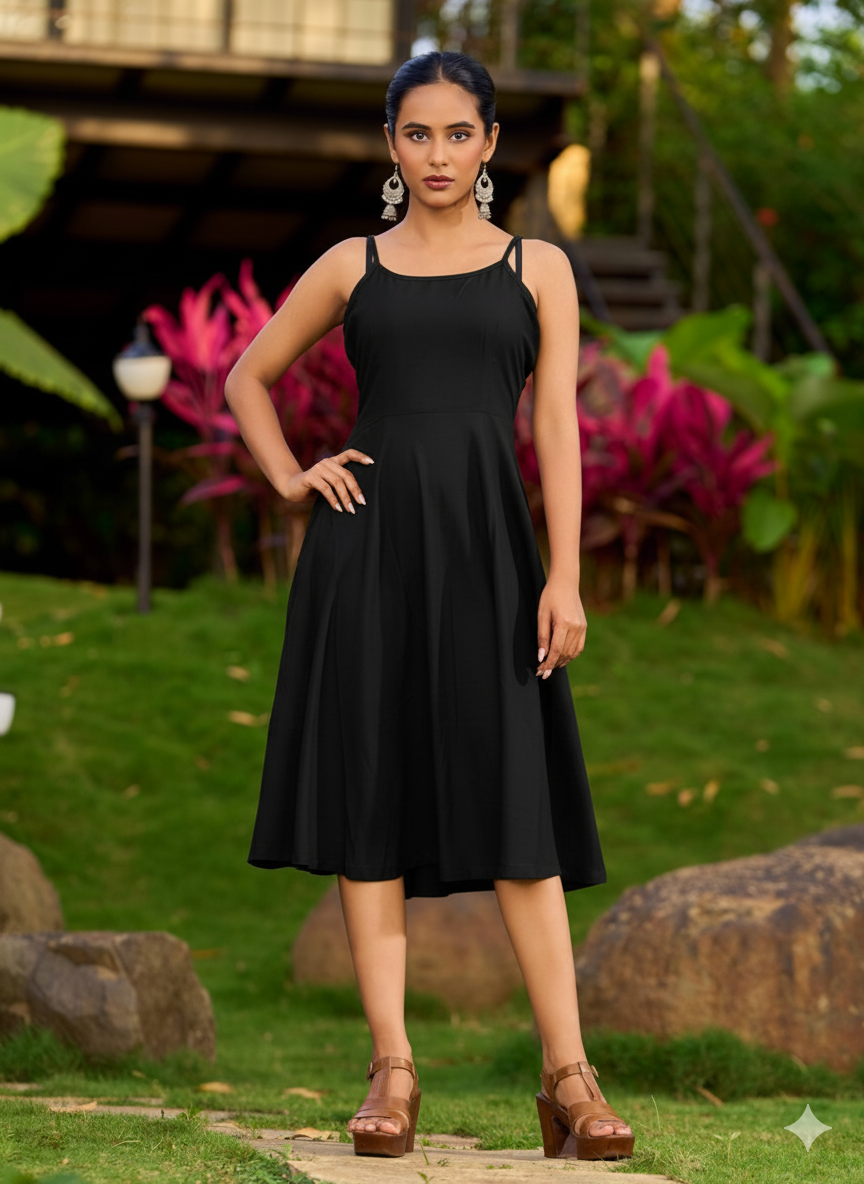 Black Rayon Flared Slip Dress with Adjustable Straps