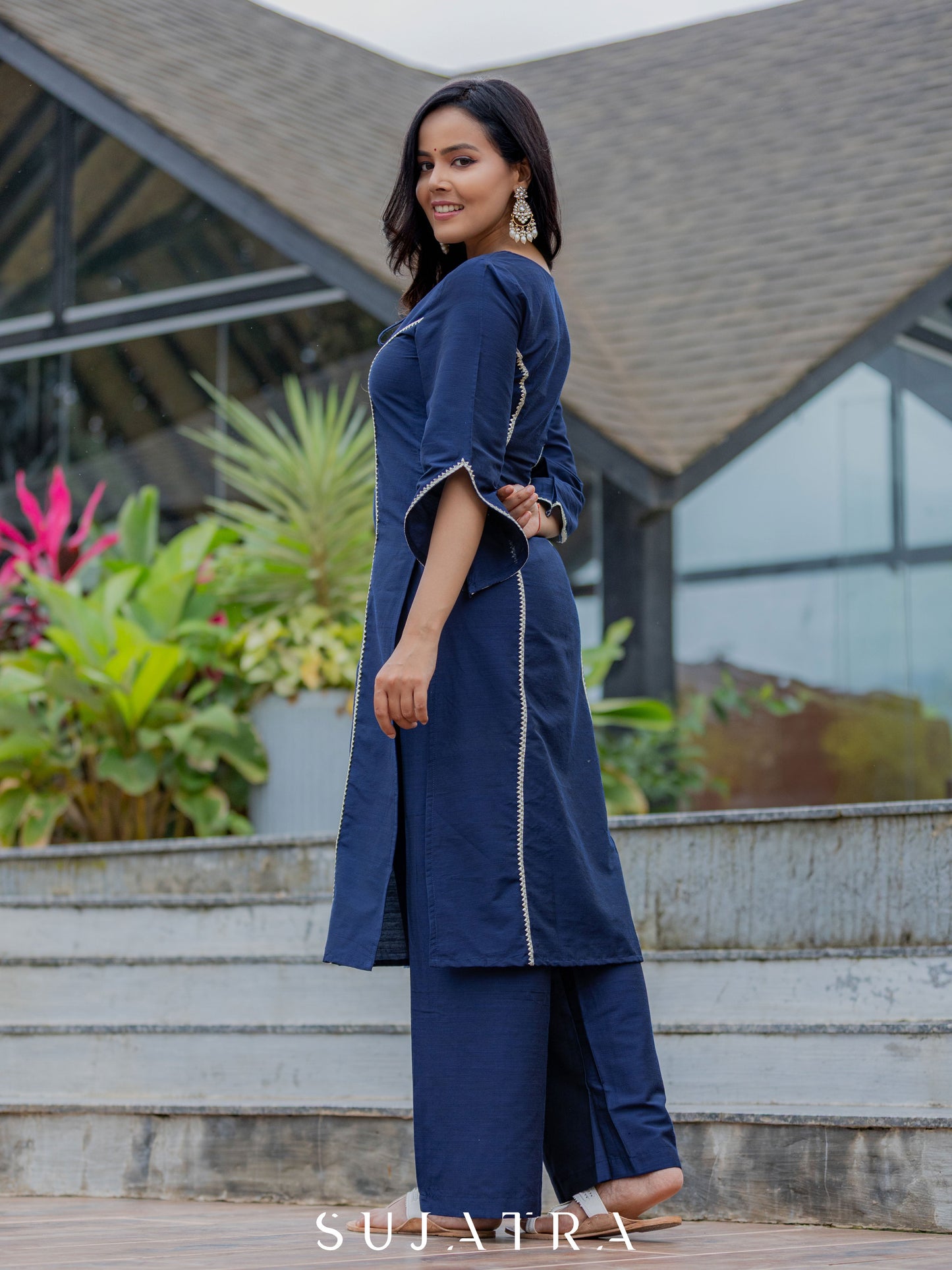 Blue Cotton Silk Pant