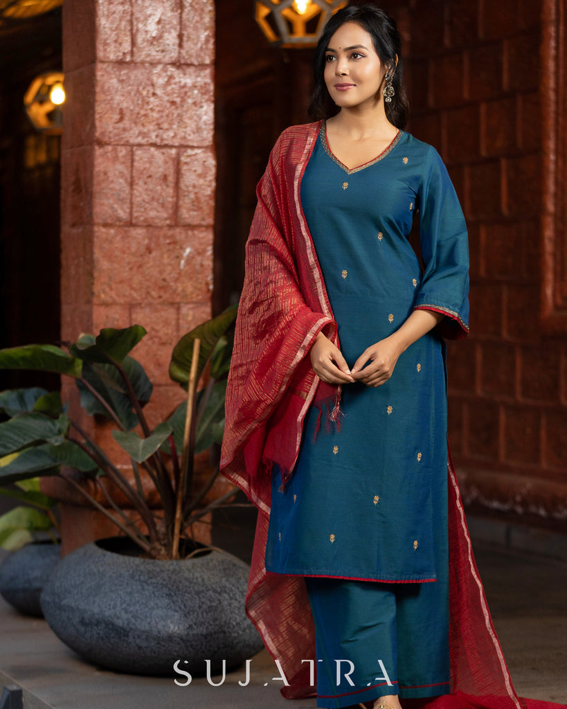 Noor - e - Neel Delicate Hand Embroidered Cotton Silk Kurta