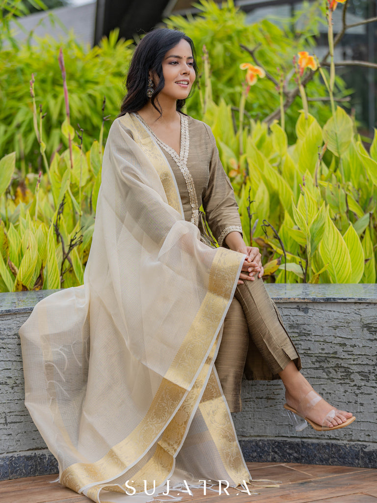 Noorani Cotton Silk Angarkha Kurta with Exquisite Tassle Detailing
