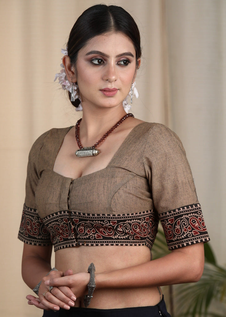 Elegant and Striking Chikoo colored Cotton Handloom Blouse with Ajrakh Border