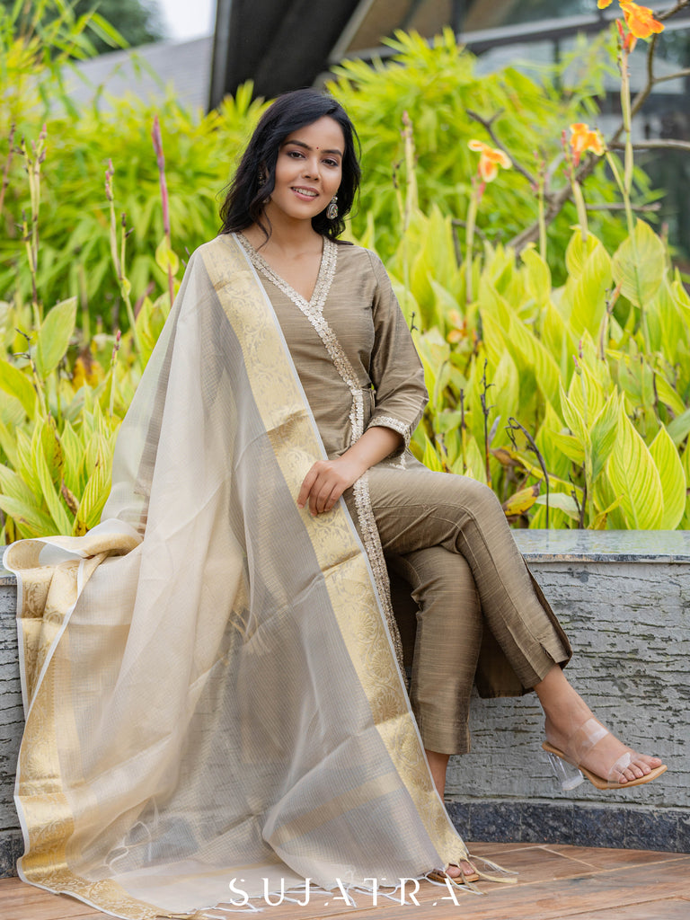 Noorani Cotton Silk Angarkha Kurta with Exquisite Tassle Detailing