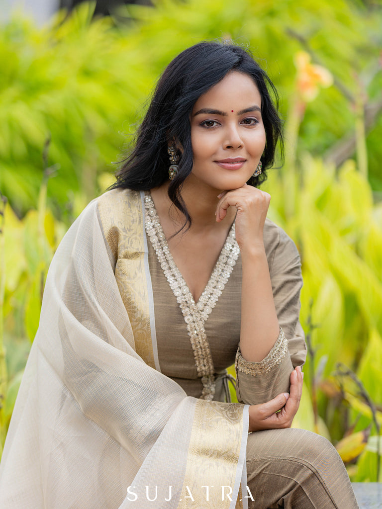 Noorani Cotton Silk Angarkha Kurta with Exquisite Tassle Detailing
