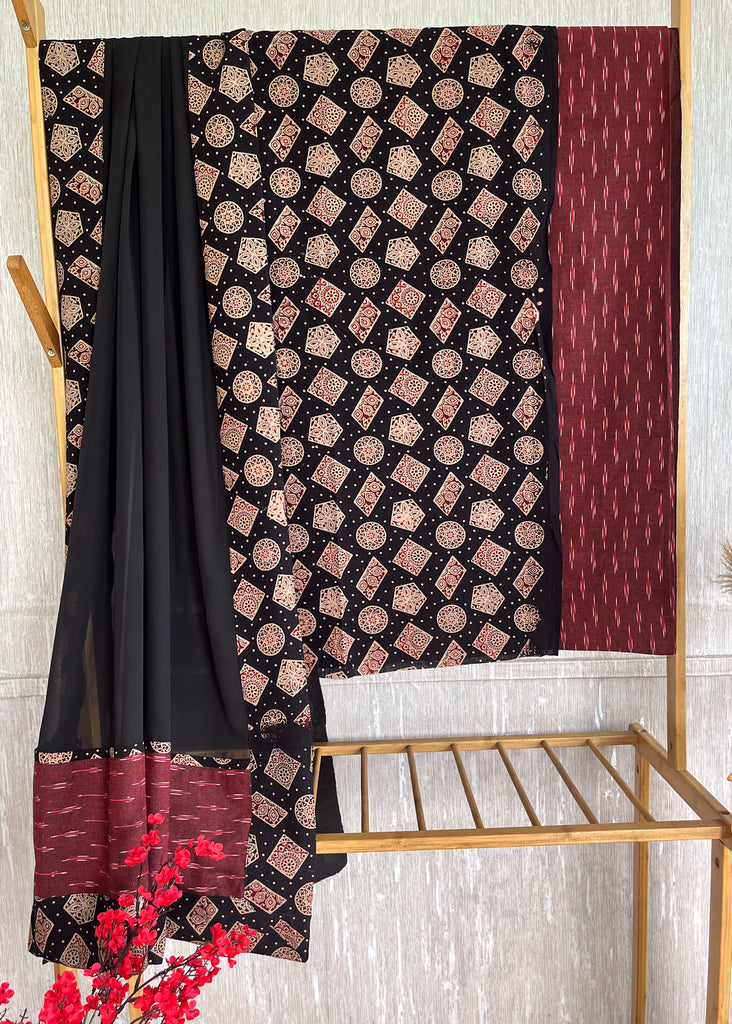 Black-Geometrical-Shape-Ajrakh-Cotton-Suit-Set-with-Maroon-Ikat-Bottom-and-Georgette-Dupatta