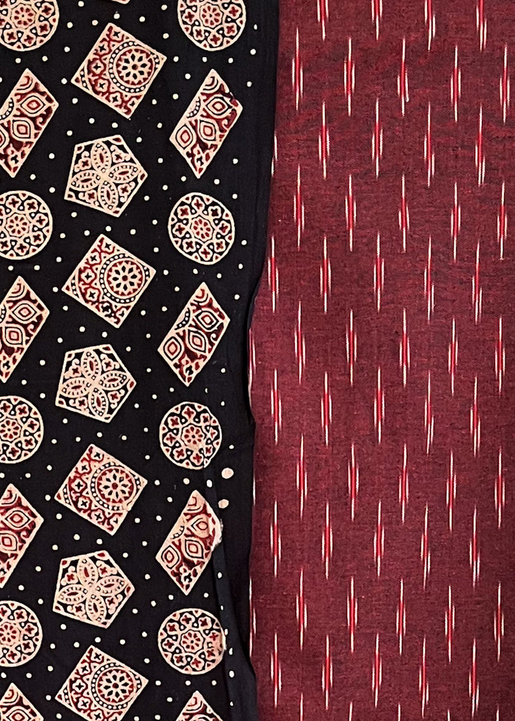 Black-Geometrical-Shape-Ajrakh-Cotton-Suit-Set-with-Maroon-Ikat-Bottom-and-Georgette-Dupatta