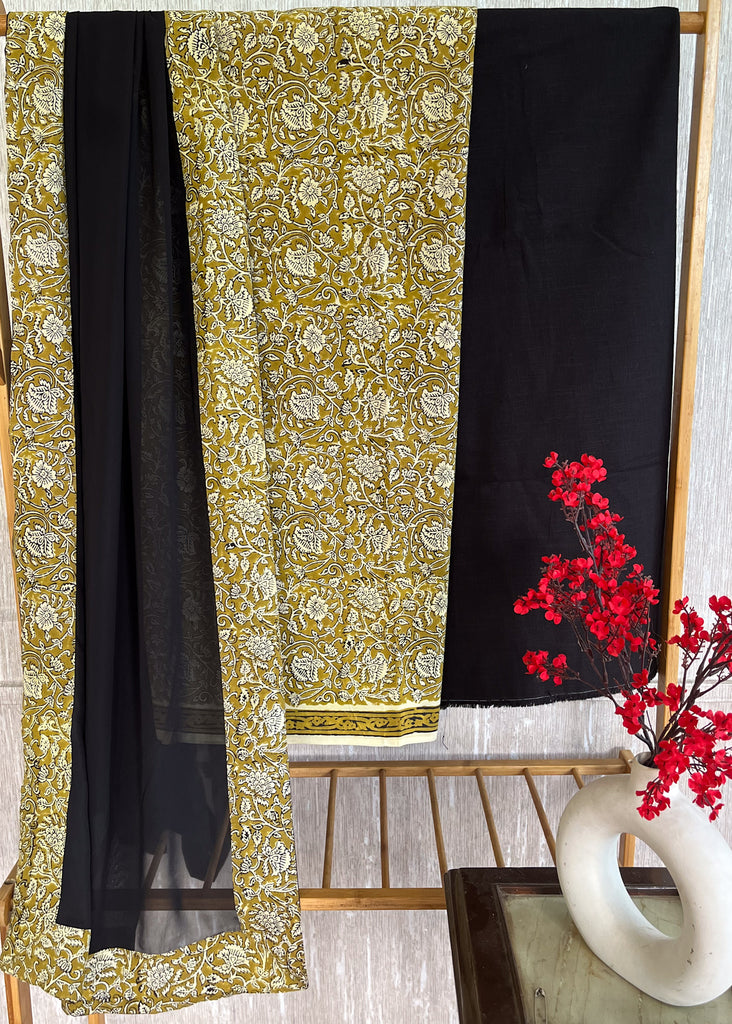 Natural Floral Mustard Cotton Suit Set with Black Bottom and Georgette Dupatta