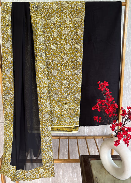 Natural Floral Mustard Cotton Suit Set with Black Bottom and Georgette Dupatta