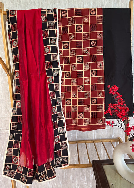 Maroon Blocked Ajrakh Cotton Suit Set with Black Bottom and Chanderi Dupatta