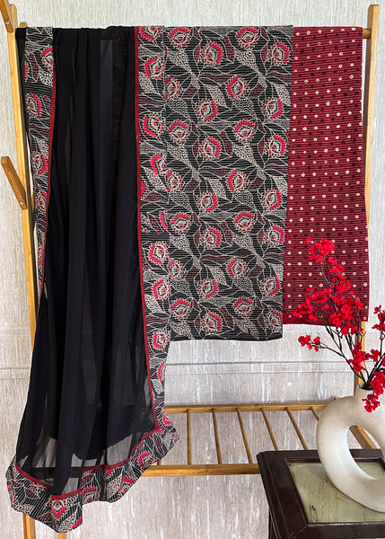 Floral Black Kantha with Maroon Kantha Bottom and Georgette Dupatta