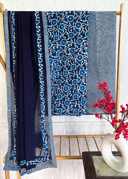 Floral Indigo Suit Set with Striped Indigo Bottom and Georgette Dupatta