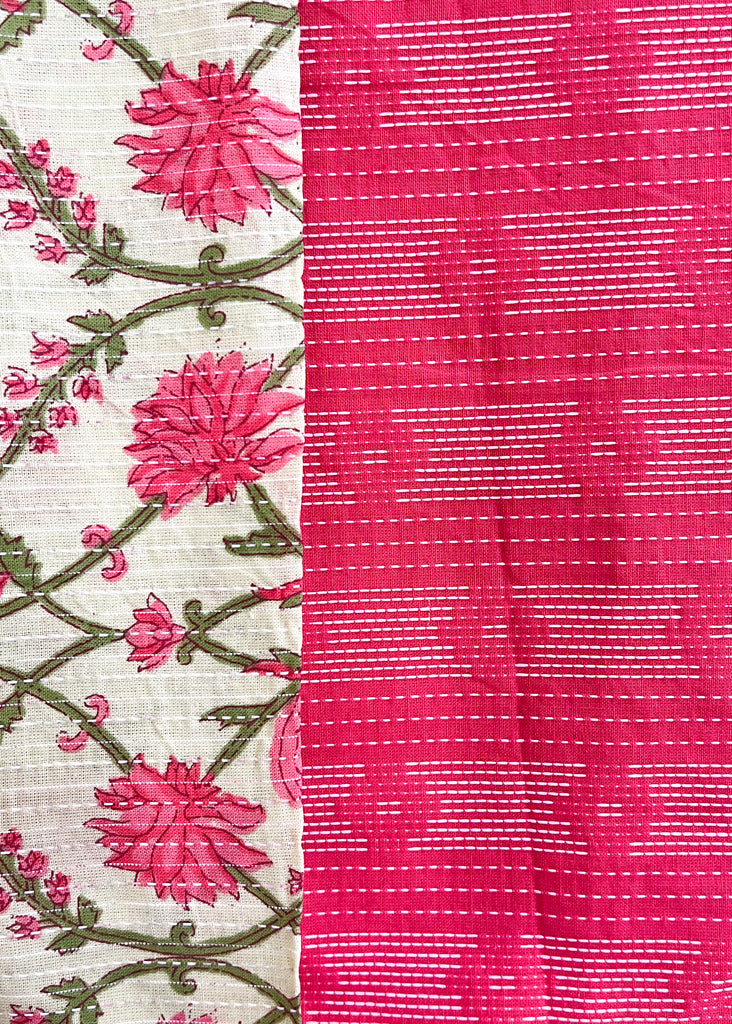 Lime Green Floral Suit Set with Pink Kantha Bottom and Chanderi Dupatta