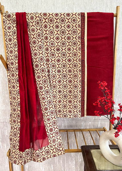 Off-White Cotton Suit Set with Red Bottom and Chanderi Dupatta