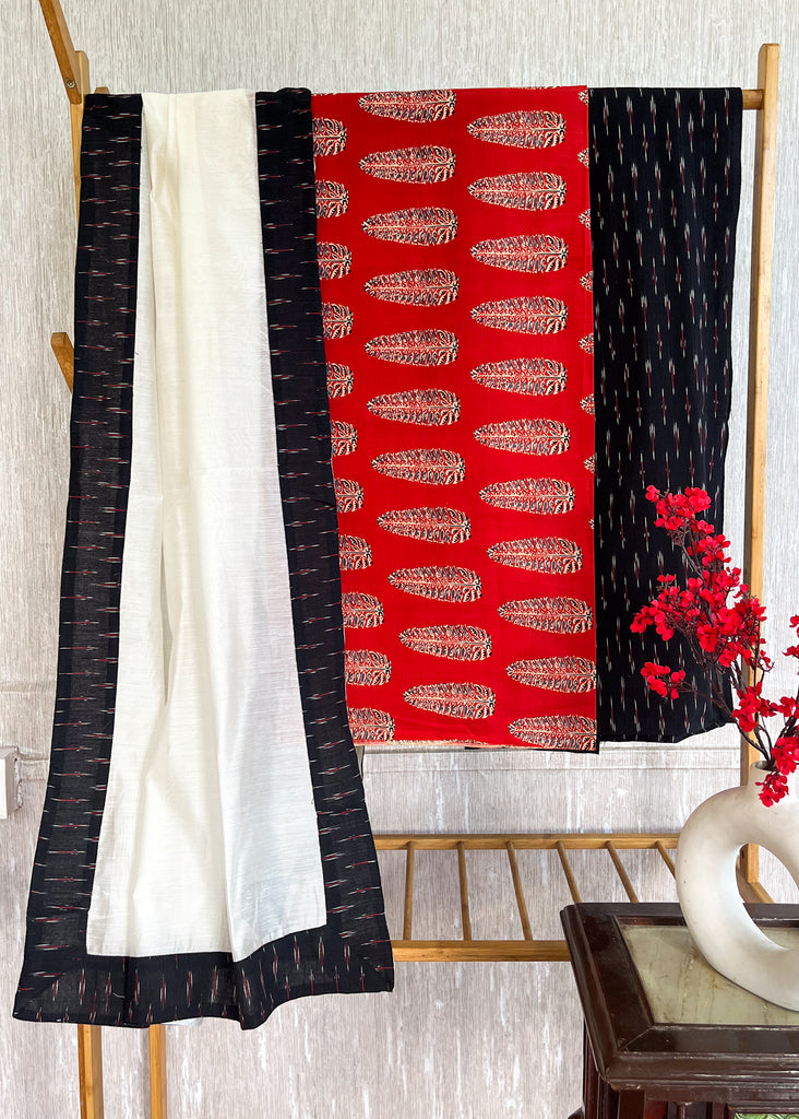 Maroon Leaf Print Suit Set with Black Ikat Bottom and Georgette Dupatta