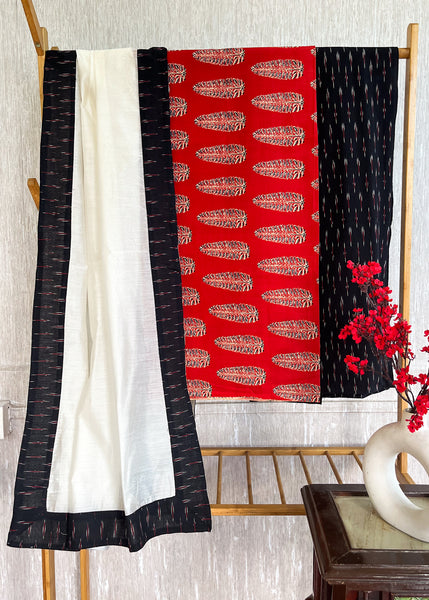 Maroon Leaf Print Suit Set with Black Ikat Bottom and Georgette Dupatta