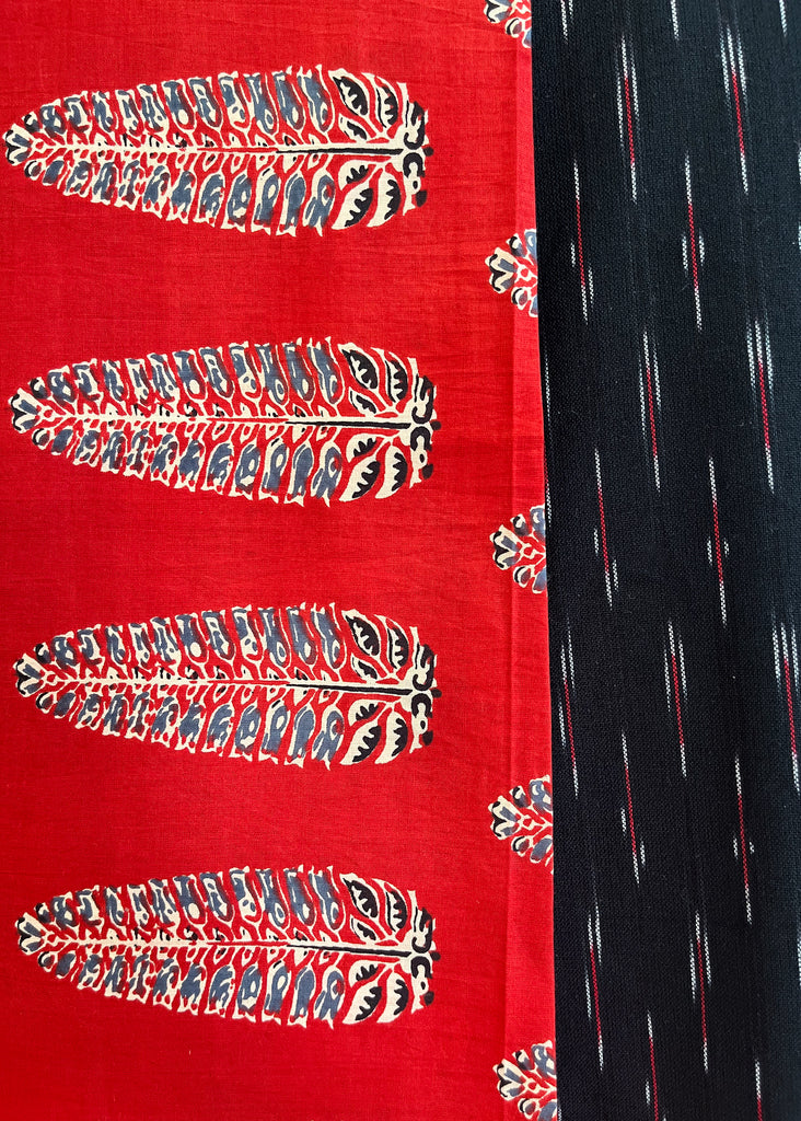 Maroon Leaf Print Suit Set with Black Ikat Bottom and Georgette Dupatta