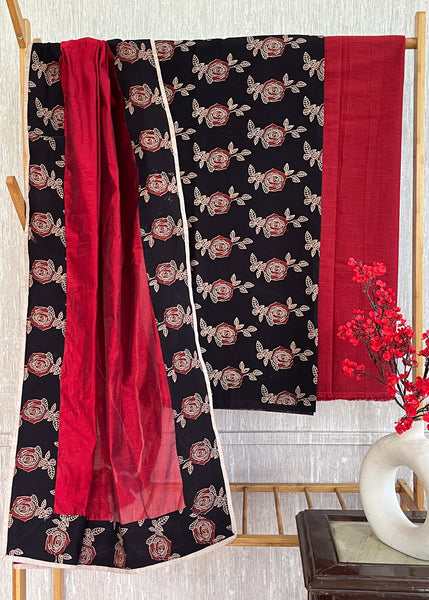 Black Floral Cotton Suit Set with Maroon Bottom and Chanderi Dupatta