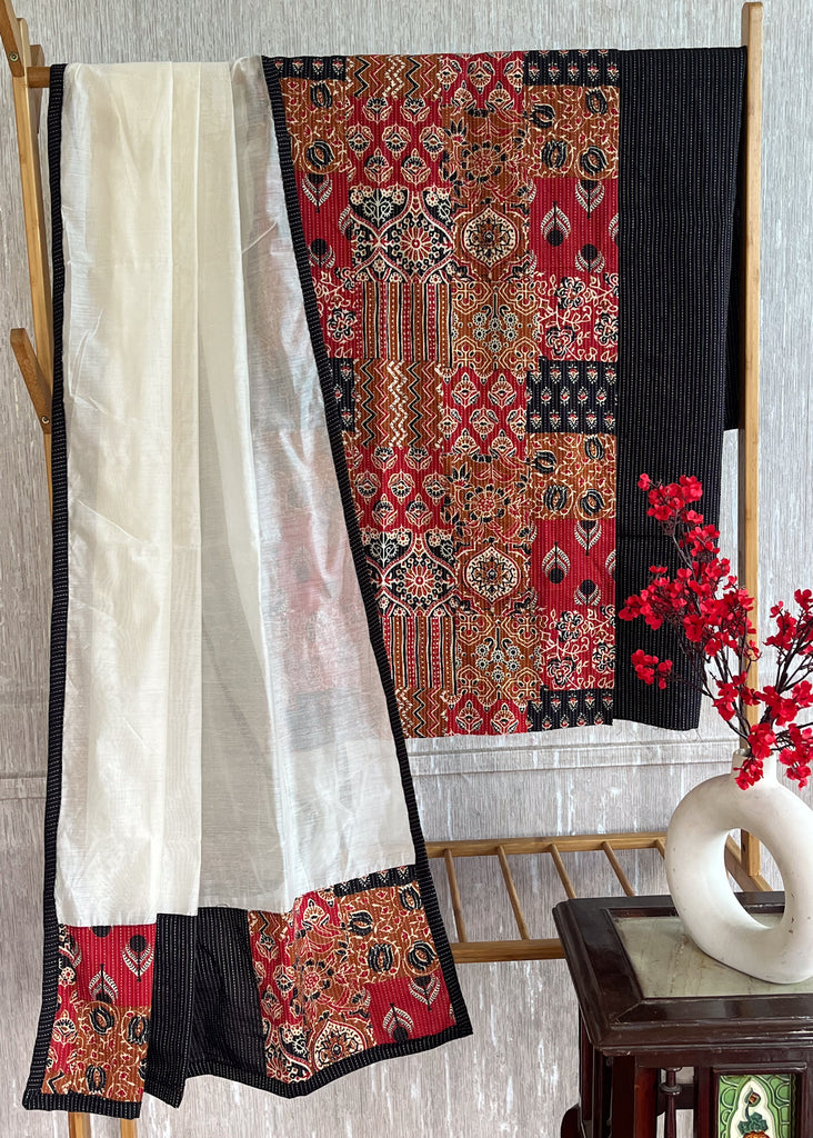 Printed Patch Suit Set with Black Kantha Bottom and Chanderi Dupatta