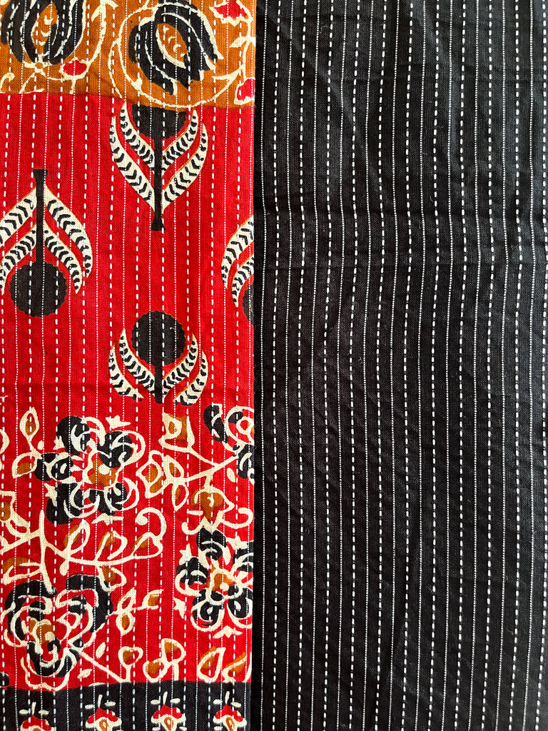 Printed Patch Suit Set with Black Kantha Bottom and Chanderi Dupatta