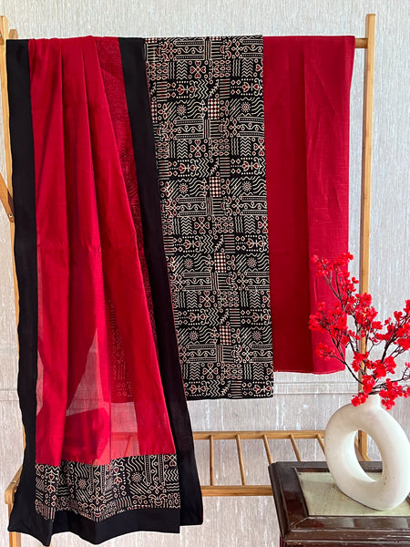 Black Ajrakh Suit Set with Maroon Bottom and Georgette Dupatta