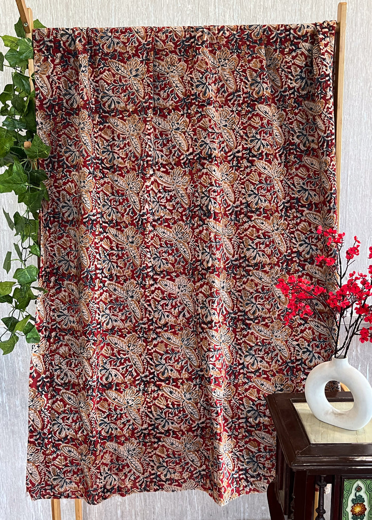 Maroon Butterfly Print Kalamkari Fabric