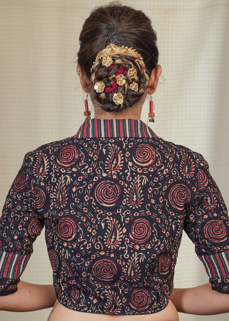 Black Collared Cotton Ajrakh Combination Blouse with Lace on the sleeves