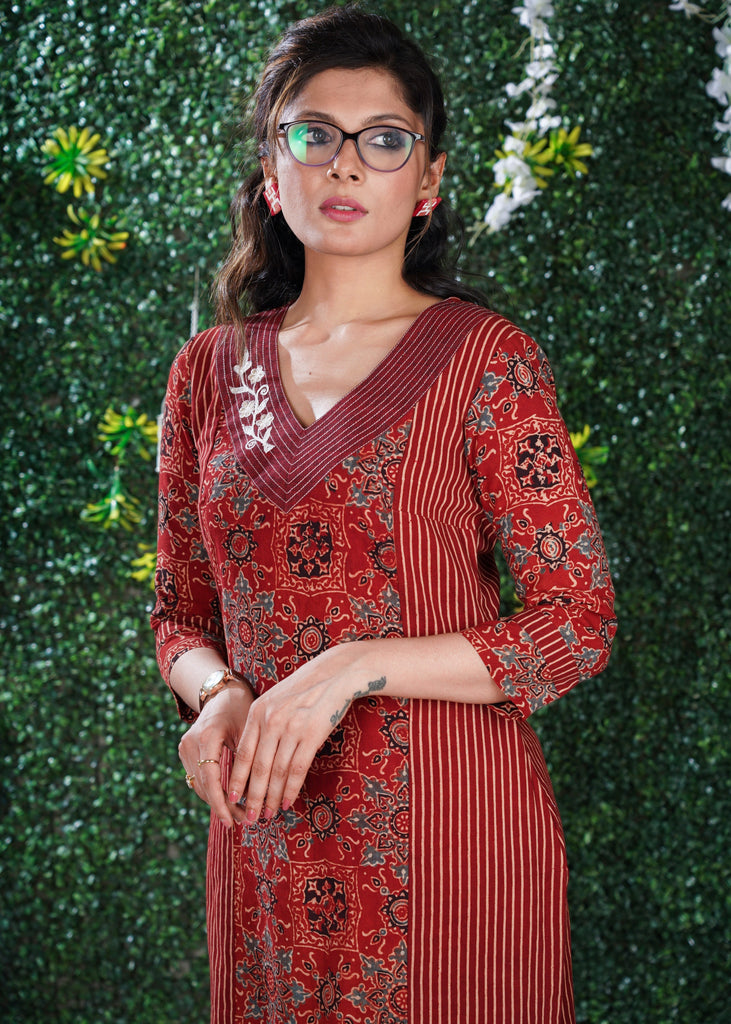 Maroon Ajrakh Print & Pattern mix Princess cut kurta