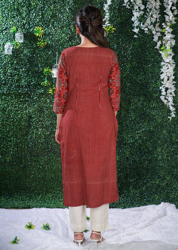 Maroon Ajrakh Print & Pattern mix Princess cut kurta