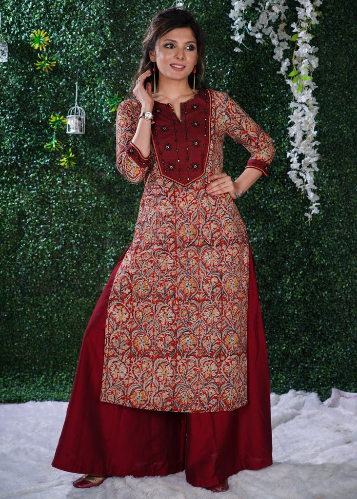 Kalamkari Print Cotton Kurta with Hand emboiderd yoke using Beads and Stones