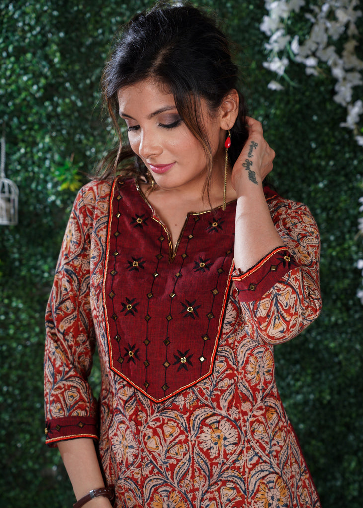 Kalamkari Print Cotton Kurta with Hand emboiderd yoke using Beads and Stones