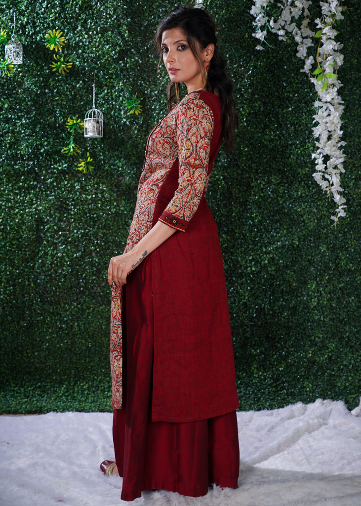 Kalamkari Print Cotton Kurta with Hand emboiderd yoke using Beads and Stones