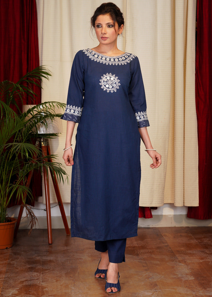 Blue Cotton Handloom Kurta With Beautiful Mirror Embroidery Work on Y0ke, Sleeves and Neck