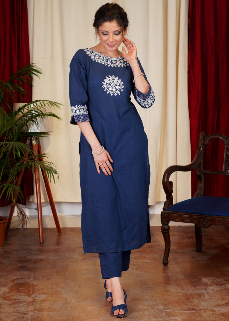 Blue Cotton Handloom Kurta With Beautiful Mirror Embroidery Work on Y0ke, Sleeves and Neck