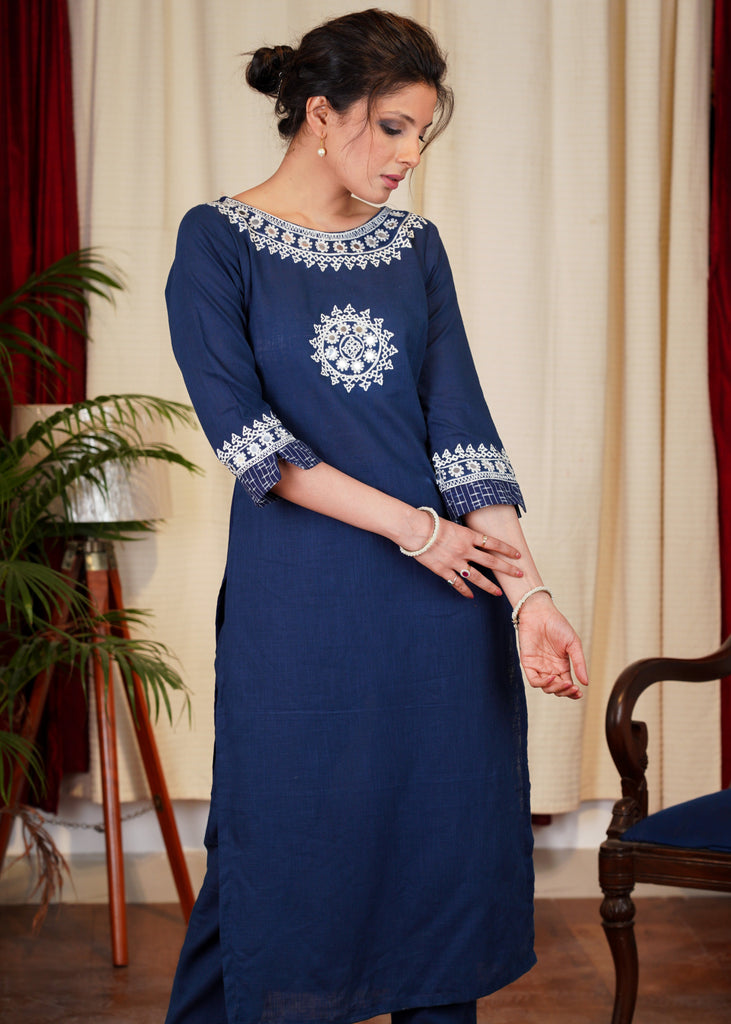 Blue Cotton Handloom Kurta With Beautiful Mirror Embroidery Work on Y0ke, Sleeves and Neck