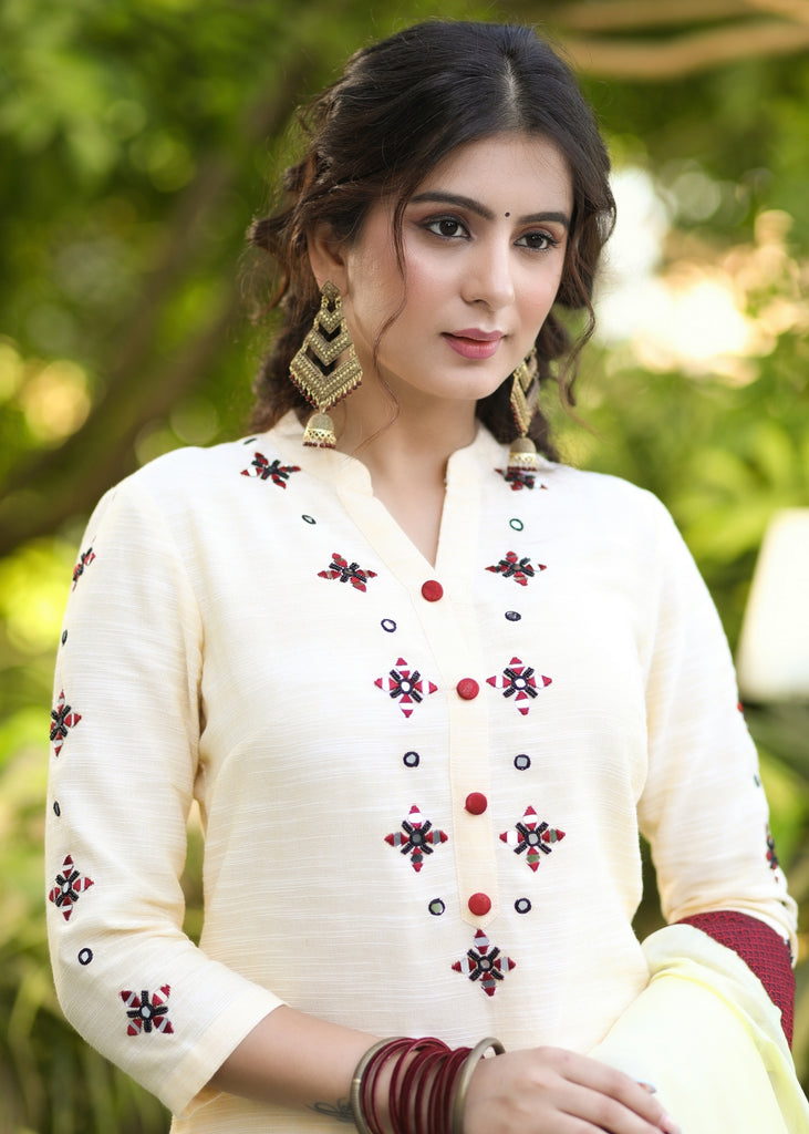 Beautiful Pure Cotton Hand Embroidered Mirror Work Kurta with Khun Border and Pant Set - Dupatta Optional