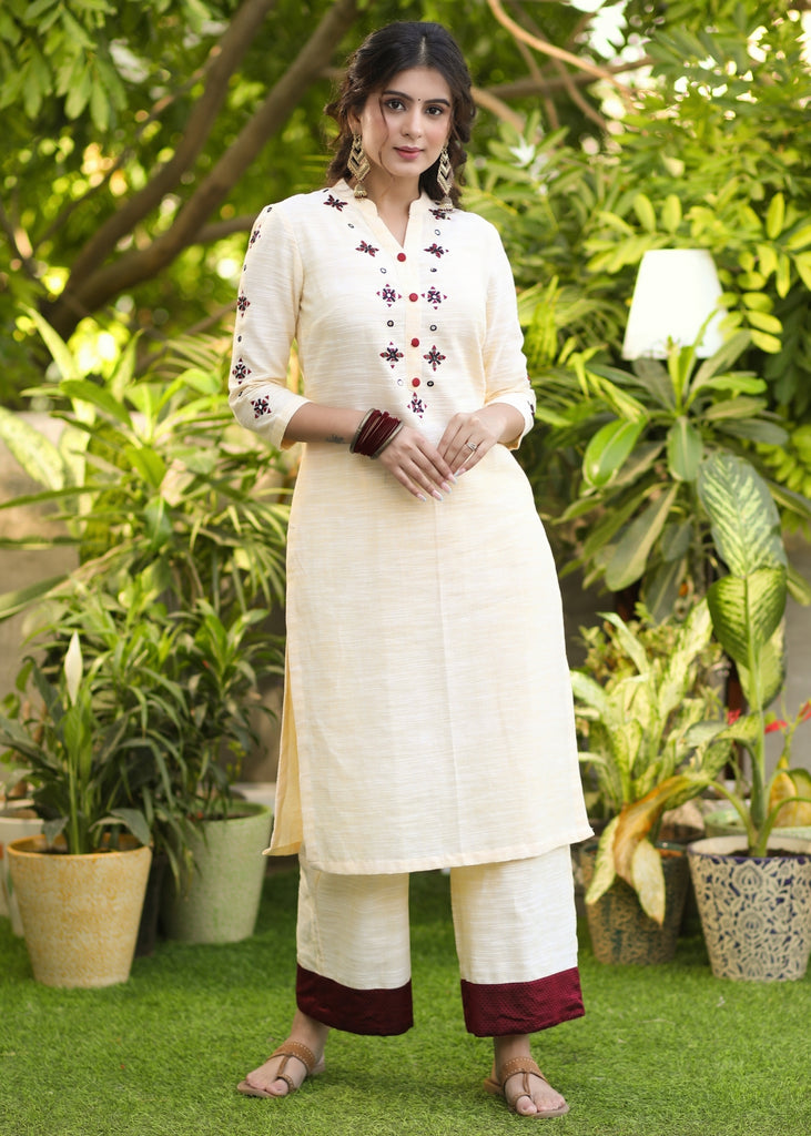 Beautiful Pure Cotton Hand Embroidered Mirror Work Kurta with Khun Border and Pant Set - Dupatta Optional