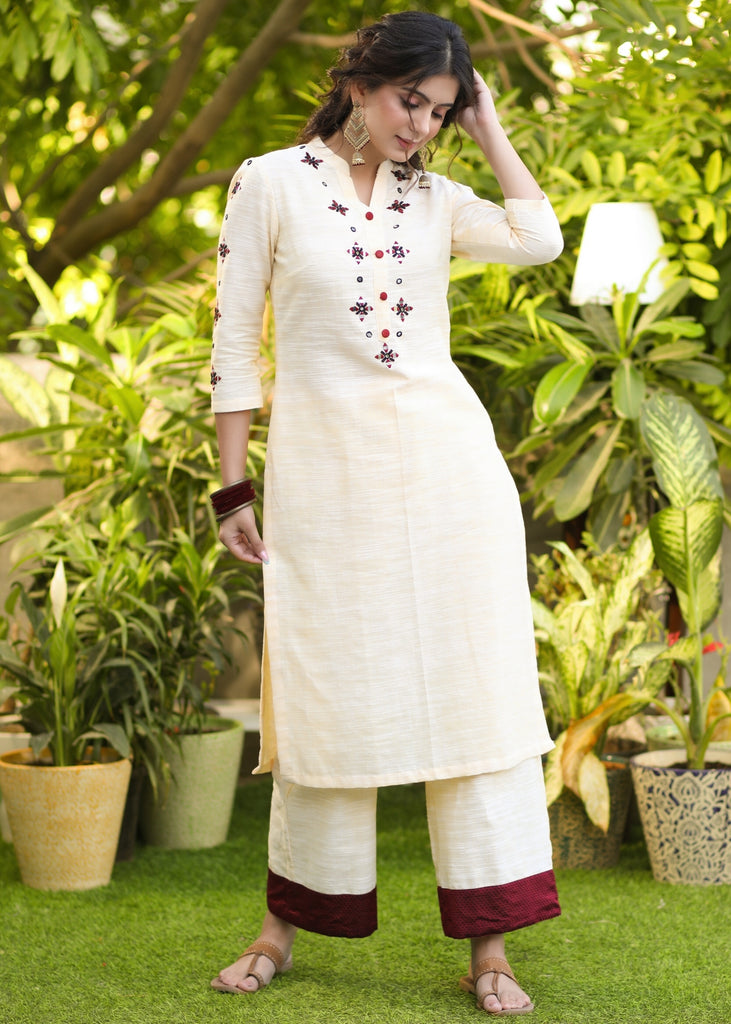 Beautiful Pure Cotton Hand Embroidered Mirror Work Kurta with Khun Border and Pant Set - Dupatta Optional