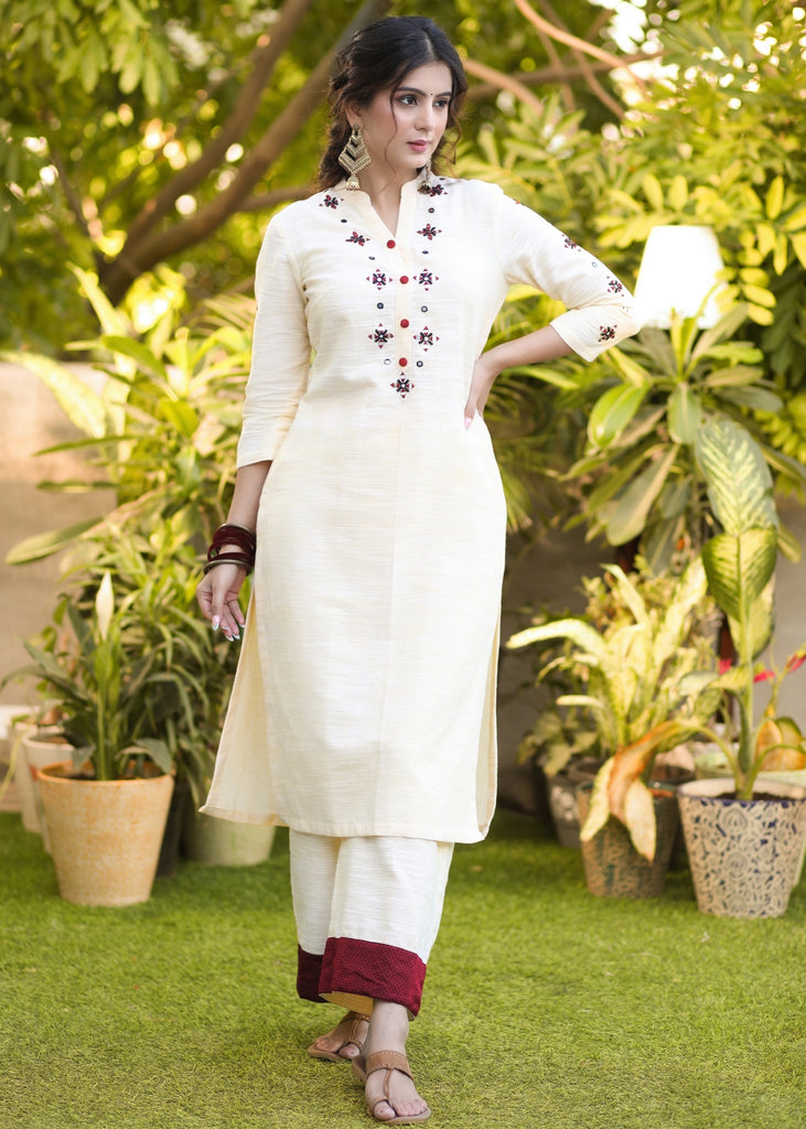 Beautiful Pure Cotton Hand Embroidered Mirror Work Kurta with Khun Border and Pant Set - Dupatta Optional