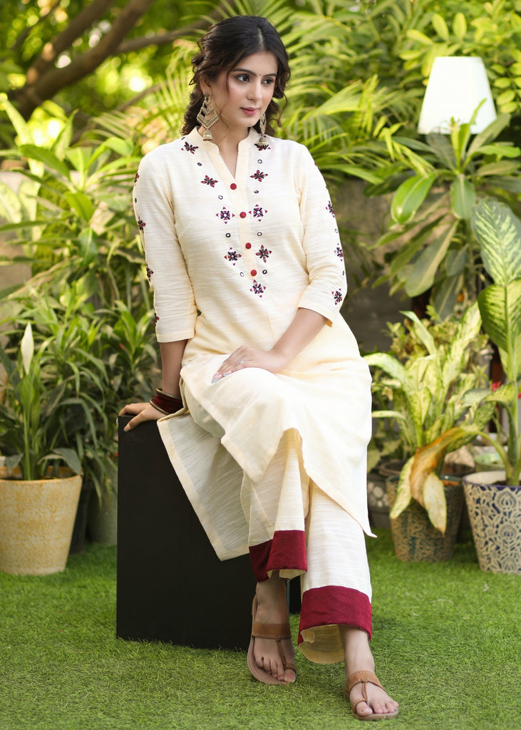 Beautiful Pure Cotton Hand Embroidered Mirror Work Kurta with Khun Border and Pant Set - Dupatta Optional