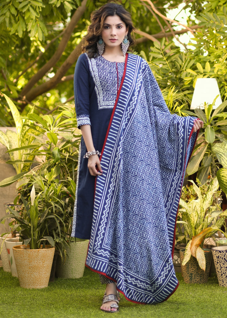 Elegant Cotton Navy Blue Indigo Kurta Pant Set - Dupatta Optional