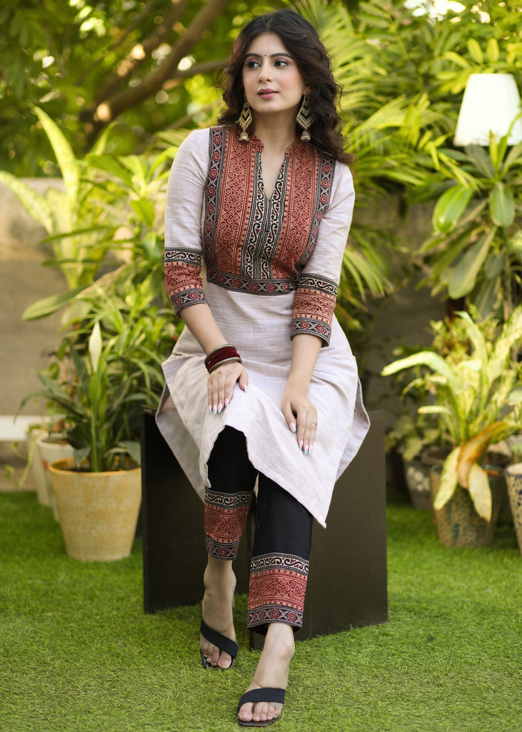 Trendy Pure Cotton Ajrakh Yoke Kurta Pant Set - Dupatta Optional