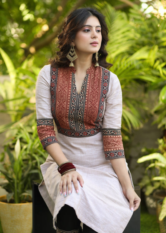Trendy Pure Cotton Ajrakh Yoke Kurta